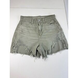 American Eagle Olive Green Distressed Denim Shorts High Waisted Size 2